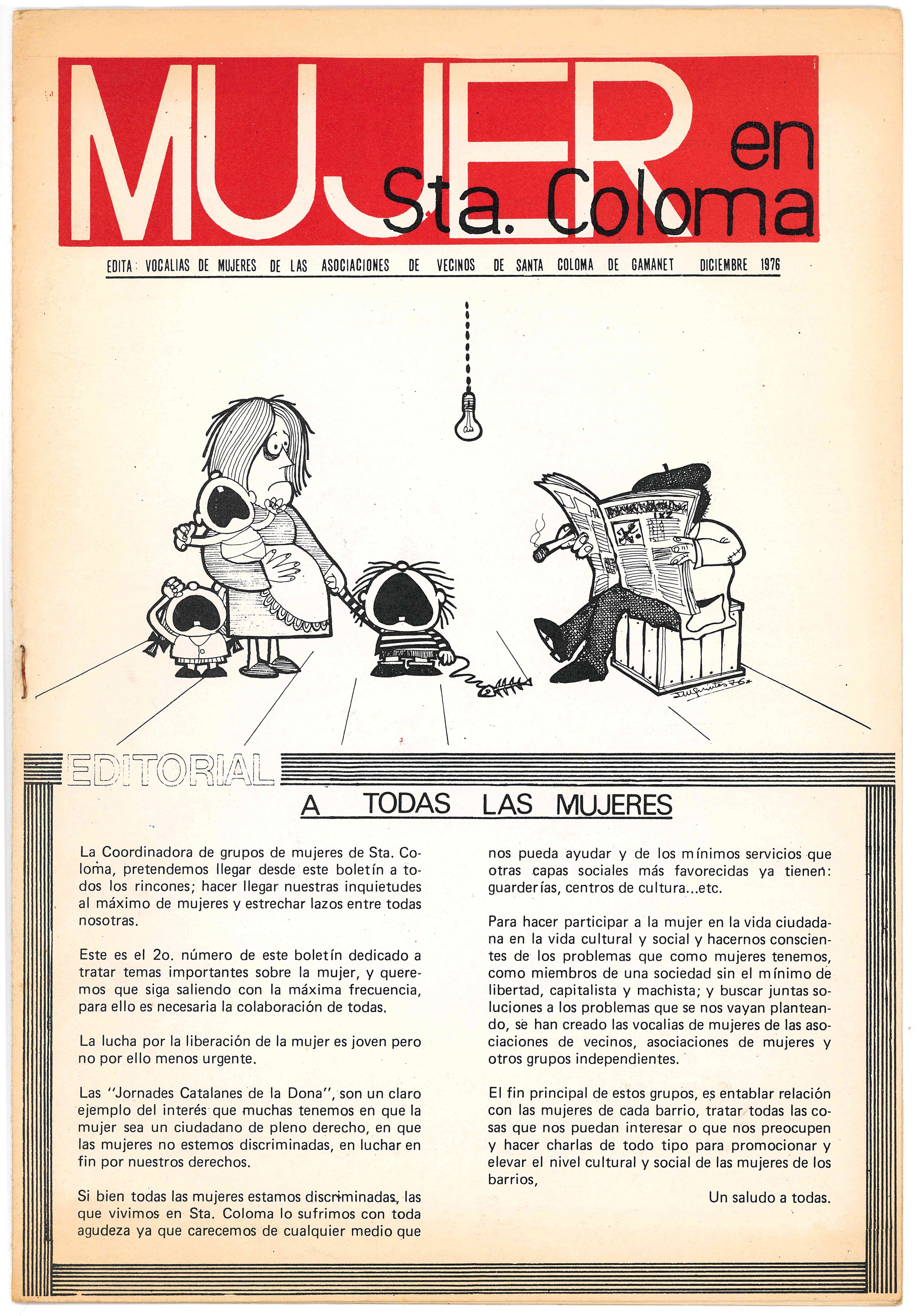 “Un futur en femení”: Portada del butlletí “Mujer en Sta. Coloma”, núm. 2, desembre de 1976. Museu Torre Balldovina, Fons Associació de Dones de Singuerlín.