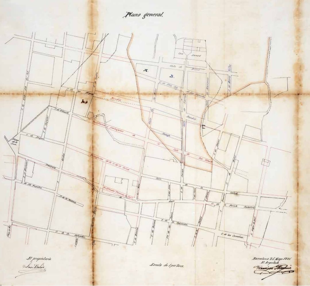Plànolgeneral de la urbanització de la partbaixa de Muntaner de Dalt, FranciscoMariné, 25 de maig de 1895. AMCB,Fons Ajuntament de Barcelona, Q101,Urbanització i reforma, exp. 94/1,del 1895