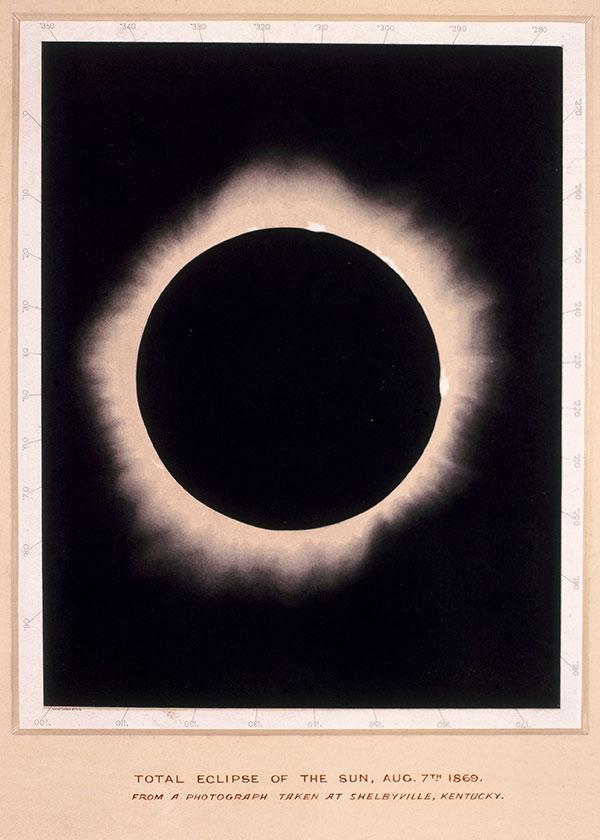 Étienne Léopold Trouvelot, A lithograph depicting a solar eclipse, 1869. Cromolitografia basada en l'eclipsi total observat a Shelbyville (Kentucky).