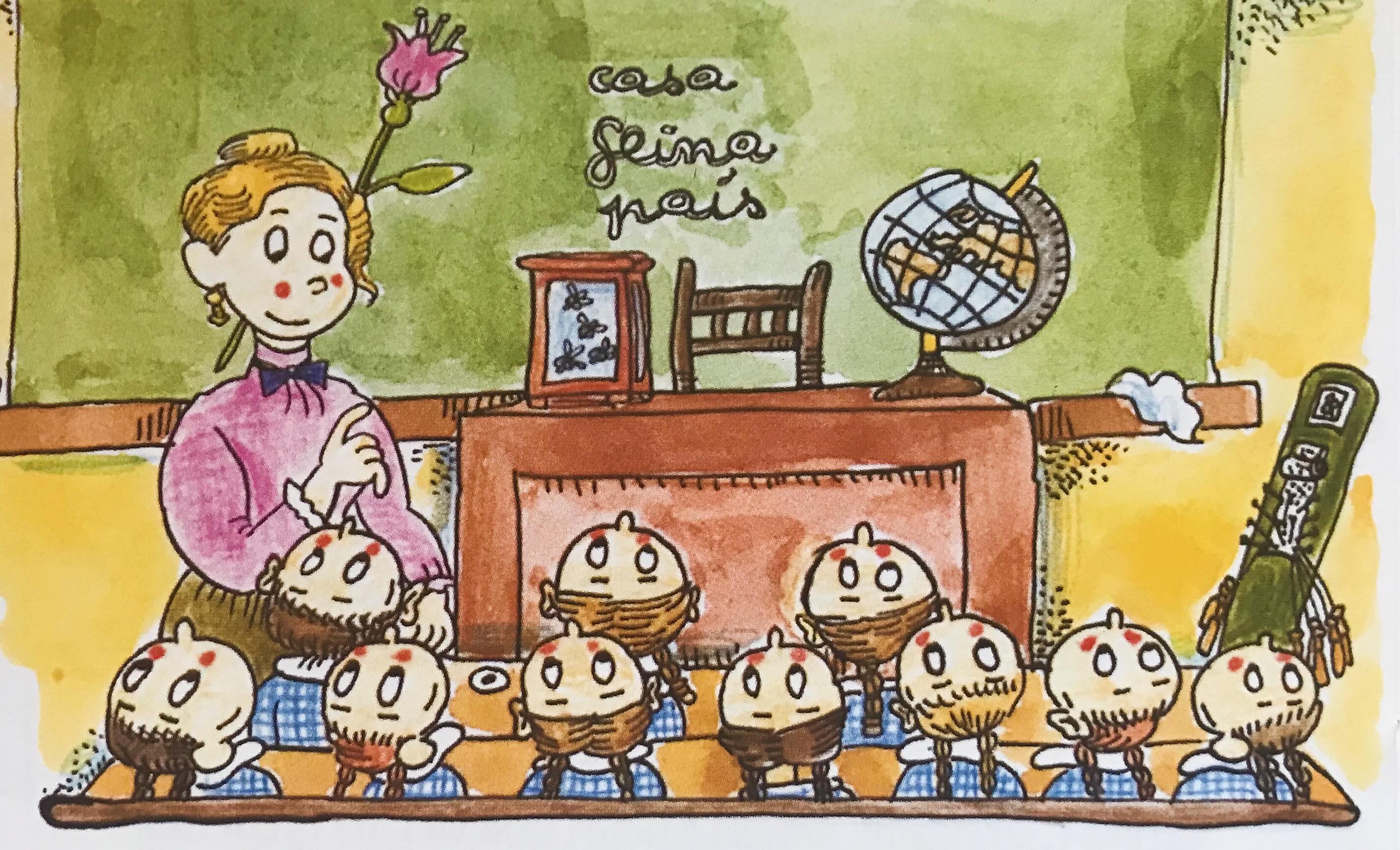 Il·lustració de Pilarín Bayés d'unes nenes en una escola Il·lustració de Pilarín Bayés d'unes nenes en una escola