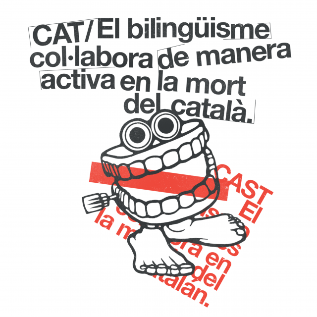 El bilingüisme col·labora de manera activa en la mort del català, un adhesiu d'Albert Gabba El bilingüisme col·labora de manera activa en la mort del català, un adhesiu d'Albert Gabba